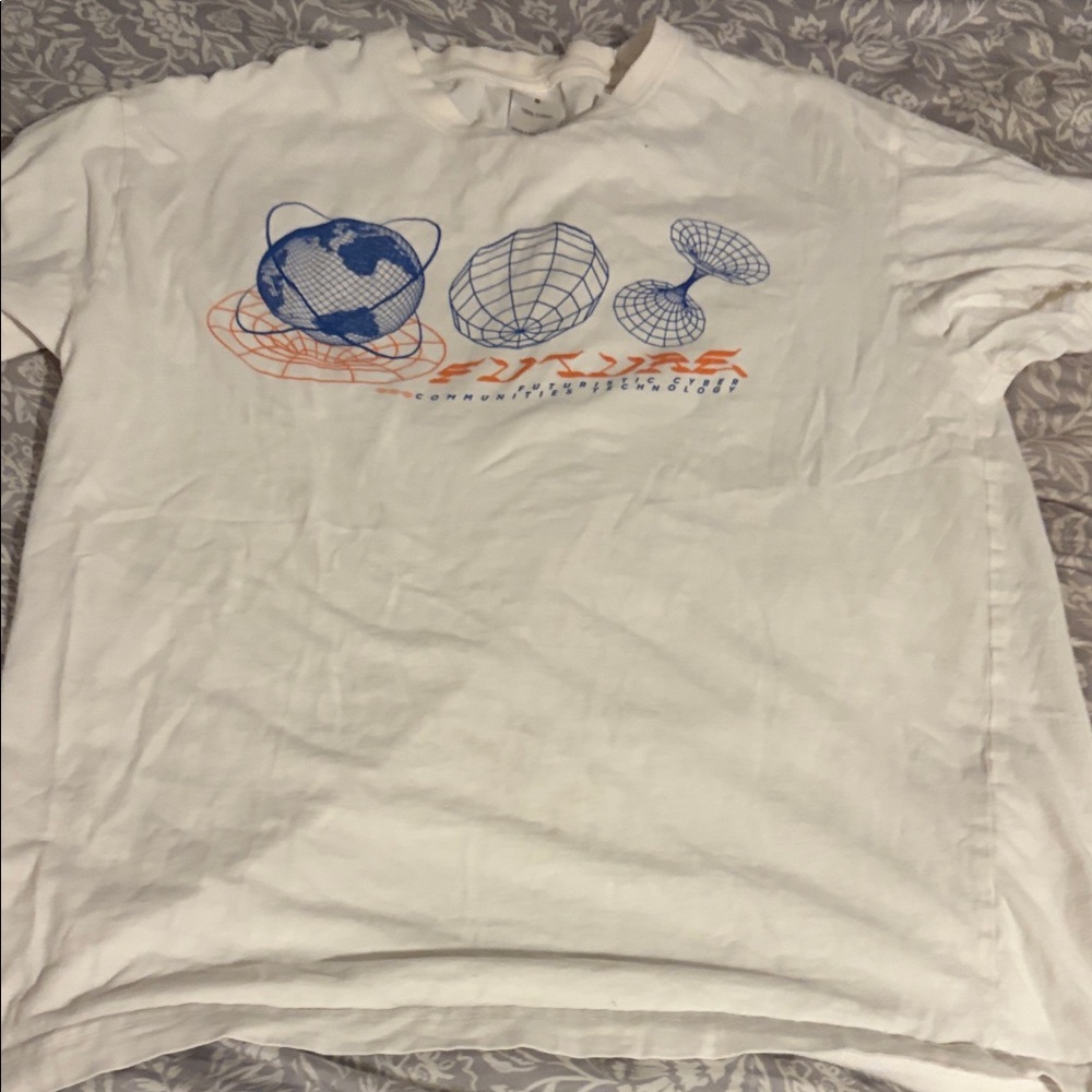 White Graphic T-Shirt with Blue and Orange Design